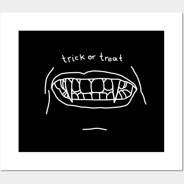 White Line Halloween Trick or Treat Fangs Horror Face Wall Art by ellenhenryart